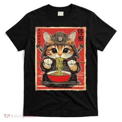 Japanese Samurai Ninja Cat Eating Ramen T-Shirt