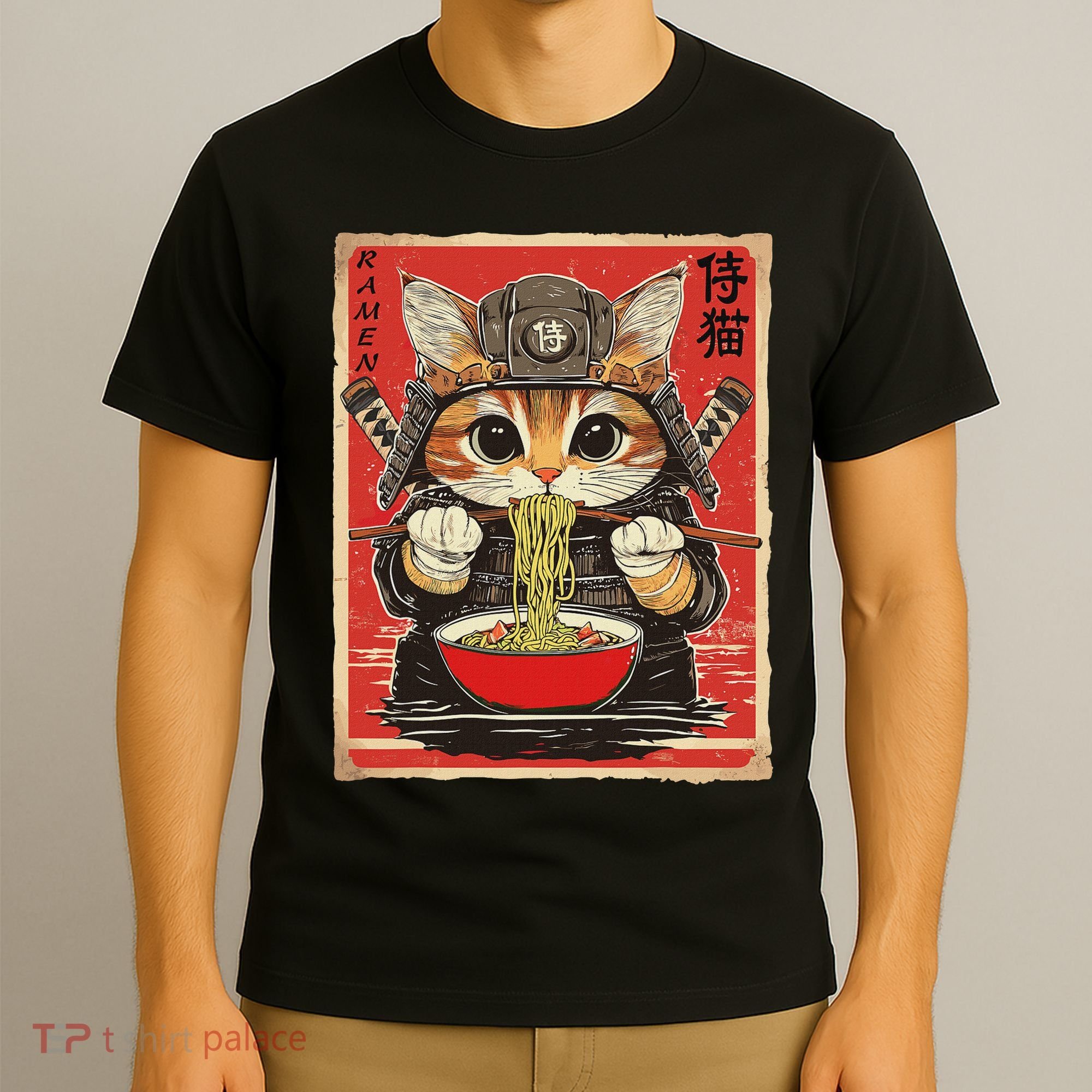 Japanese Samurai Ninja Cat Eating Ramen T-Shirt