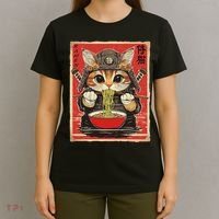 Japanese Samurai Ninja Cat Eating Ramen T-Shirt thumb 4
