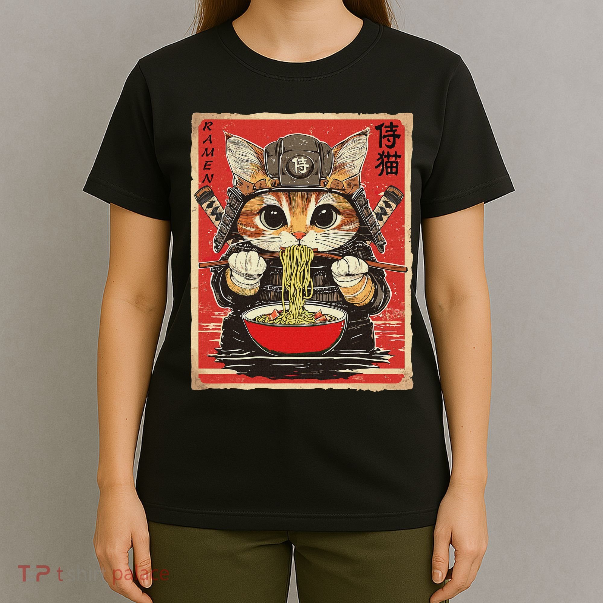 Japanese Samurai Ninja Cat Eating Ramen T-Shirt