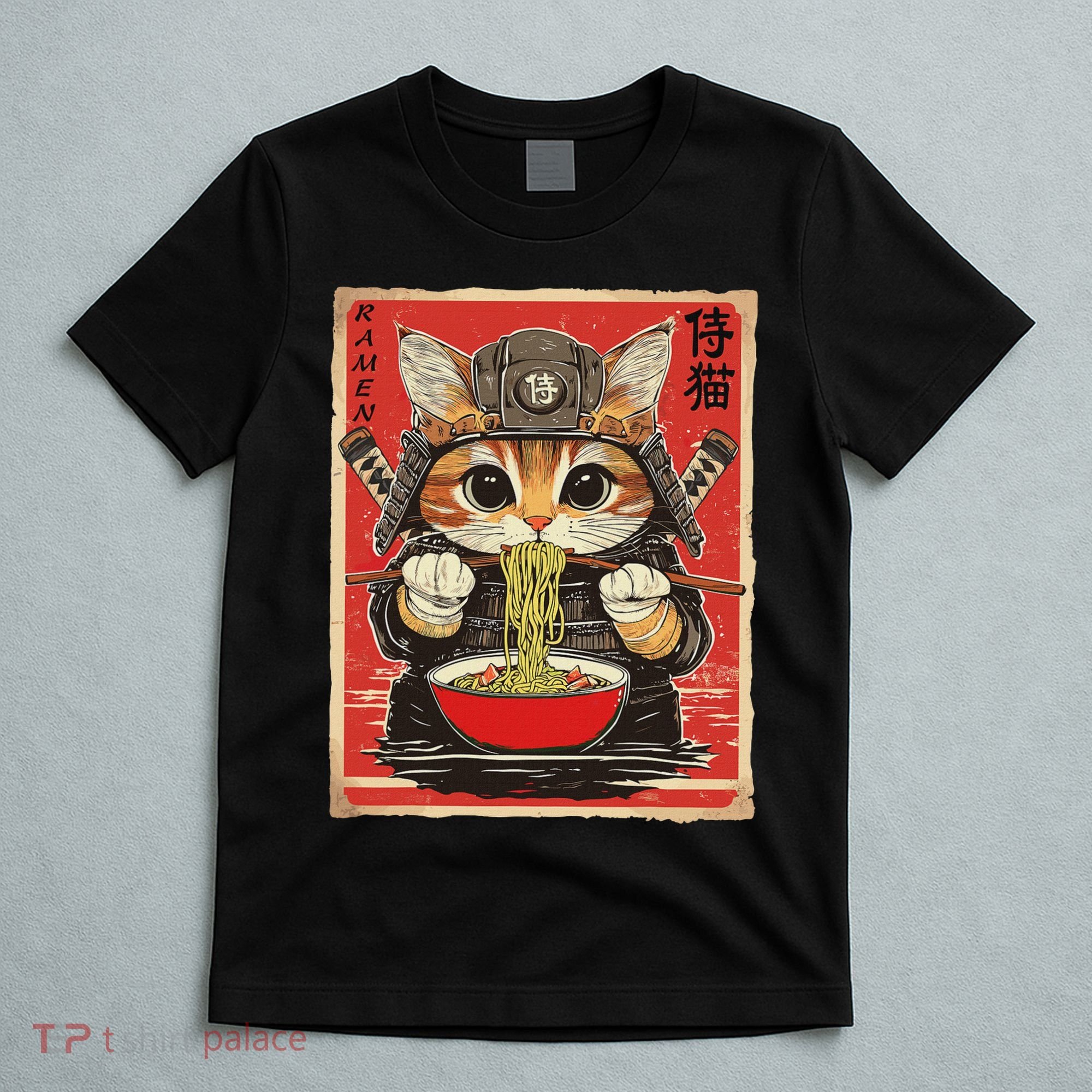 Japanese Samurai Ninja Cat Eating Ramen T-Shirt