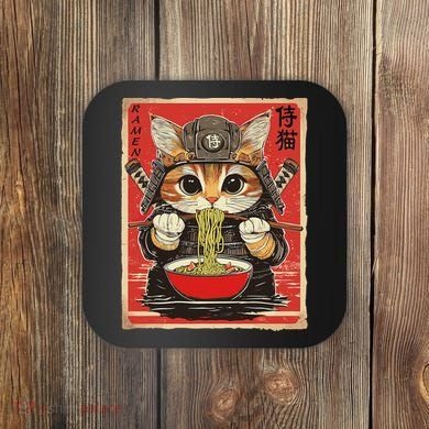 Japanese Samurai Ninja Cat Eating Ramen Coaster