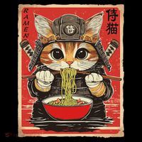 Japanese Samurai Ninja Cat Eating Ramen Coaster thumb 2