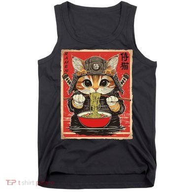 Japanese Samurai Ninja Cat Eating Ramen Tank Top