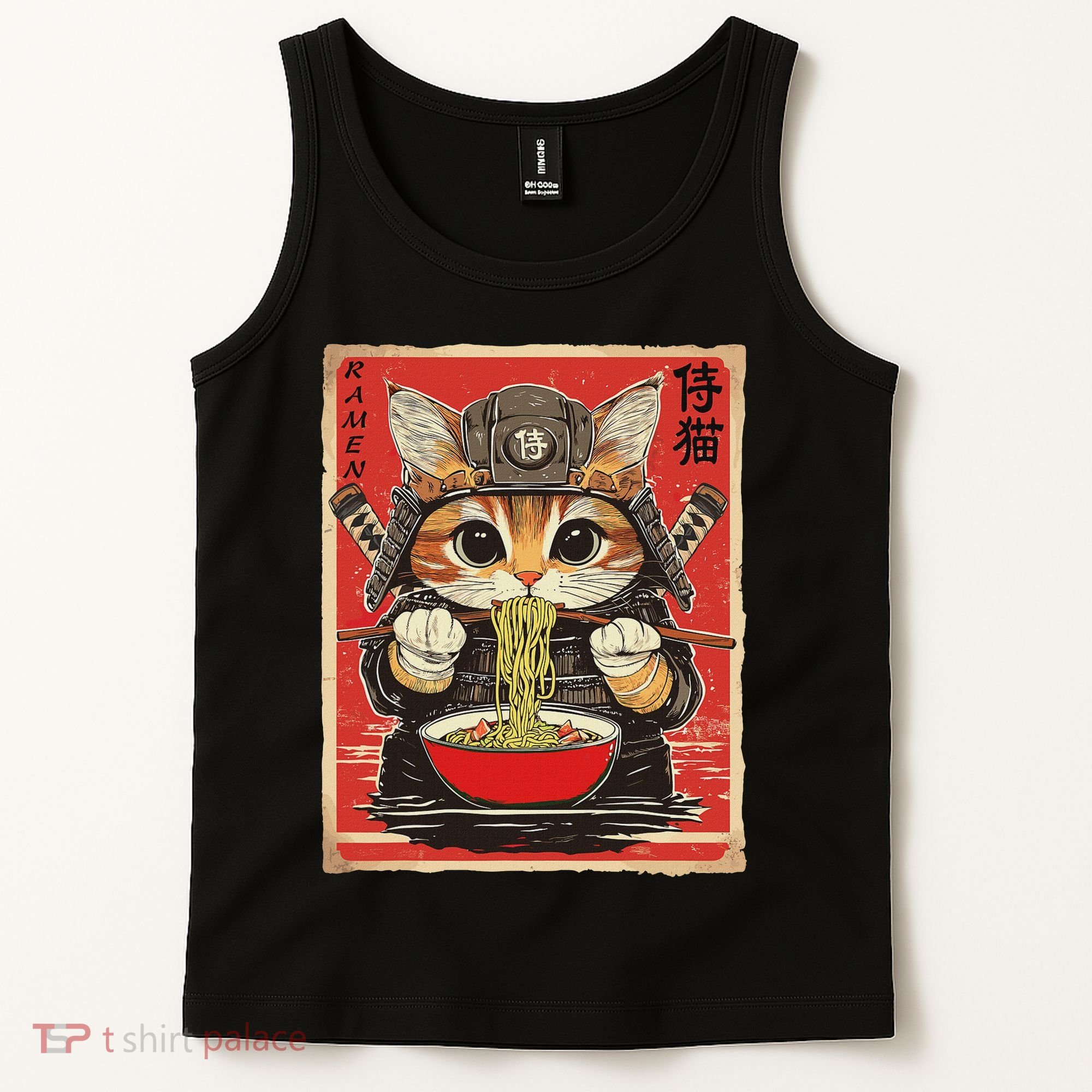Japanese Samurai Ninja Cat Eating Ramen Tank Top