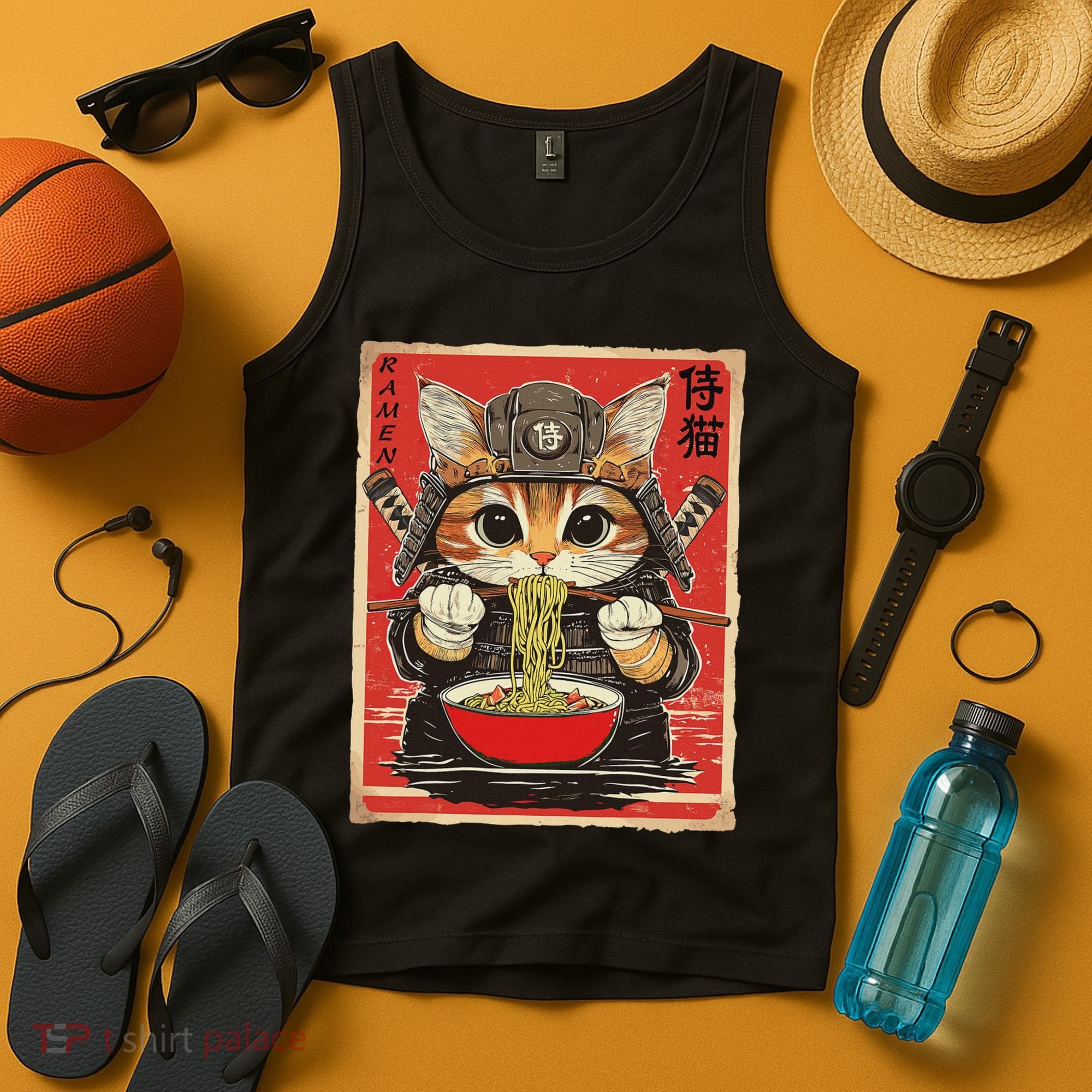 Japanese Samurai Ninja Cat Eating Ramen Tank Top