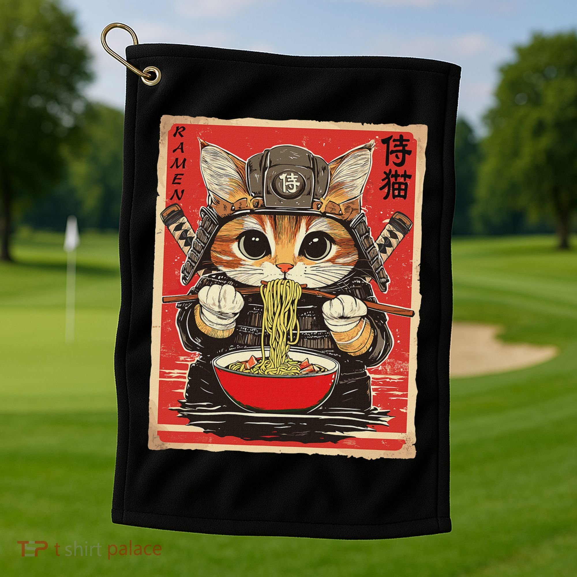 Japanese Samurai Ninja Cat Eating Ramen Golf Towel