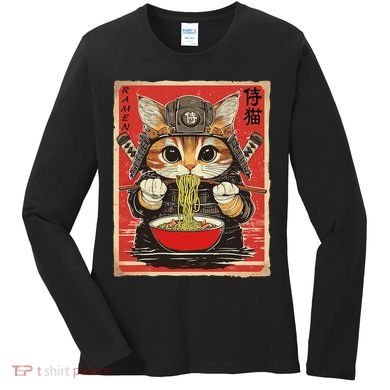 Japanese Samurai Ninja Cat Eating Ramen Women's Long Sleeve Shirt