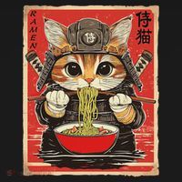 Japanese Samurai Ninja Cat Eating Ramen Women's Long Sleeve Shirt thumb 2