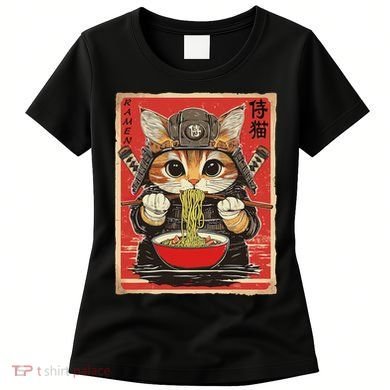 Japanese Samurai Ninja Cat Eating Ramen Women's T-Shirt