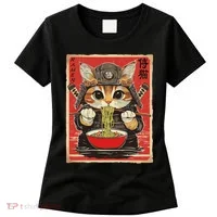 Japanese Samurai Ninja Cat Eating Ramen Women's T-Shirt thumb 0