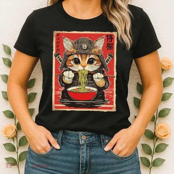 Japanese Samurai Ninja Cat Eating Ramen Women's T-Shirt