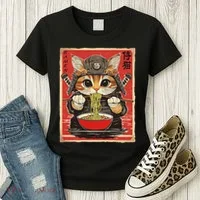 Japanese Samurai Ninja Cat Eating Ramen Women's T-Shirt thumb 3