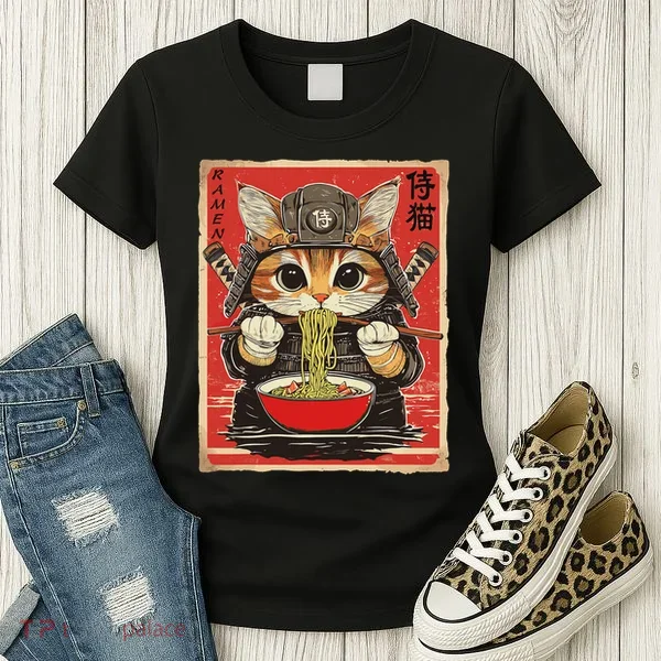 Japanese Samurai Ninja Cat Eating Ramen Women's T-Shirt