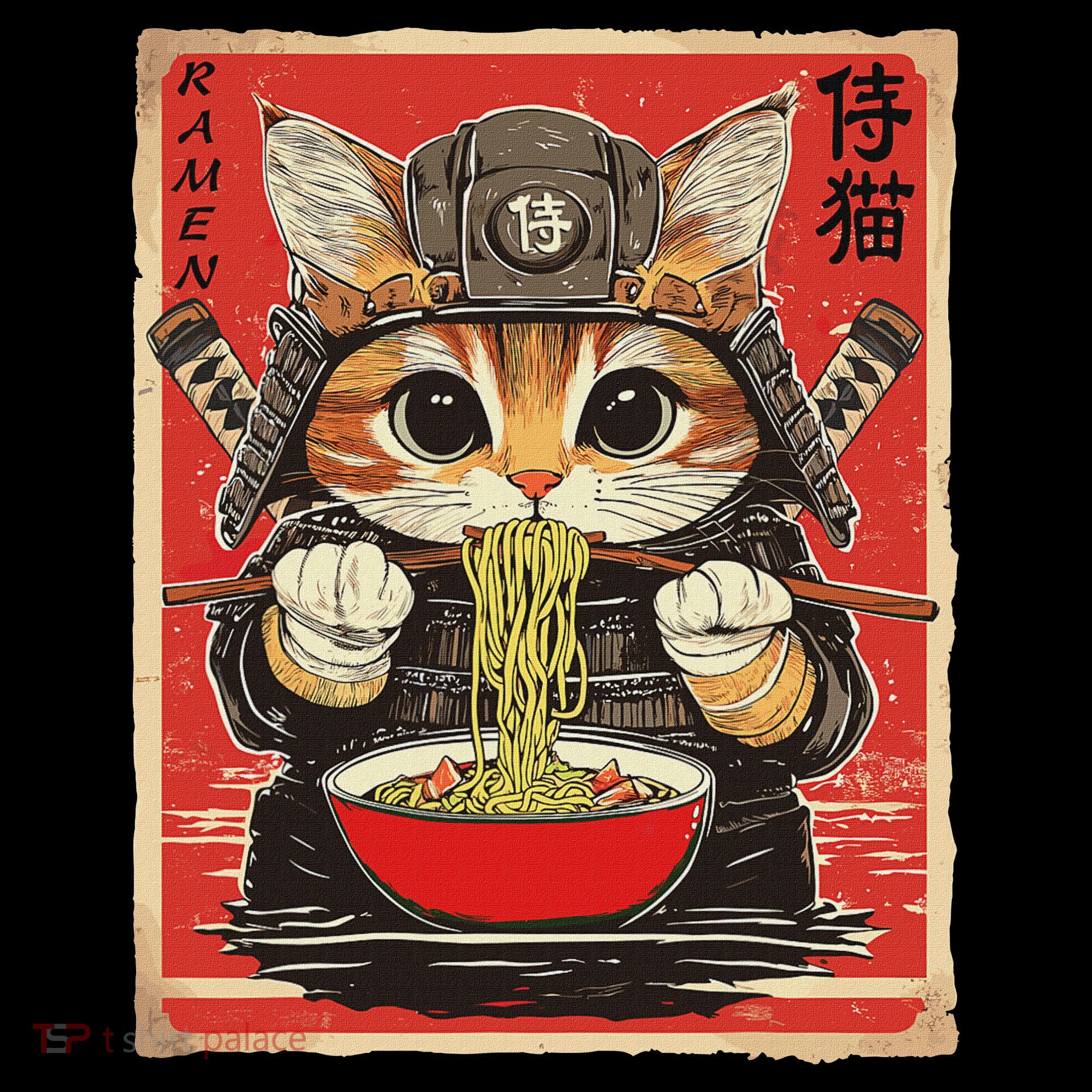 Japanese Samurai Ninja Cat Eating Ramen Women's T-Shirt