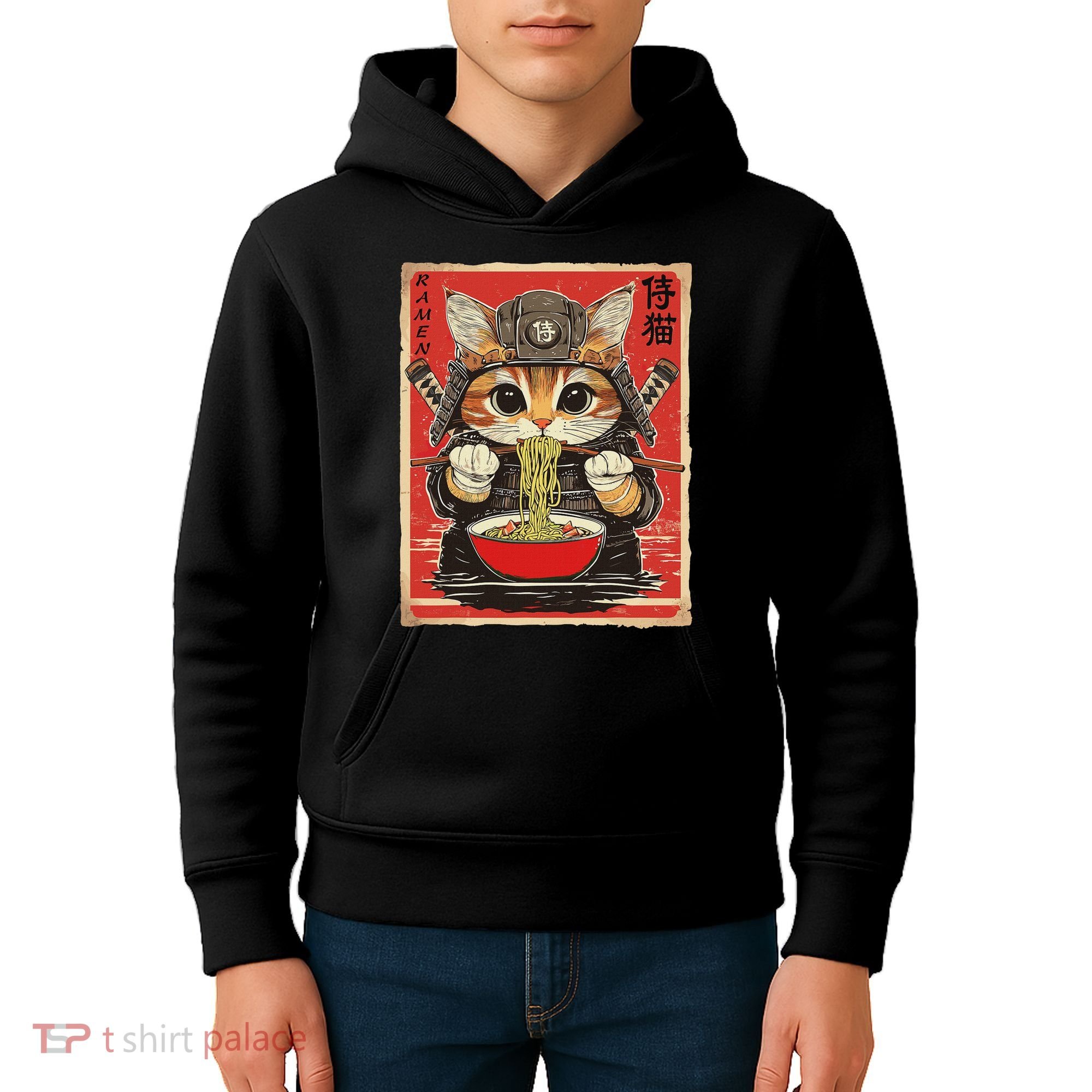 Japanese Samurai Ninja Cat Eating Ramen Kids Hoodie