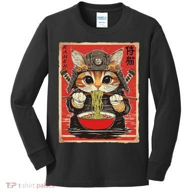 Japanese Samurai Ninja Cat Eating Ramen Kids Long Sleeve Shirt