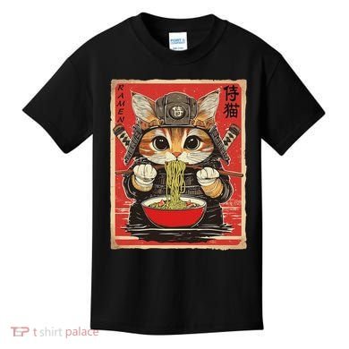 Japanese Samurai Ninja Cat Eating Ramen Kids T-Shirt