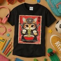 Japanese Samurai Ninja Cat Eating Ramen Kids T-Shirt thumb 3