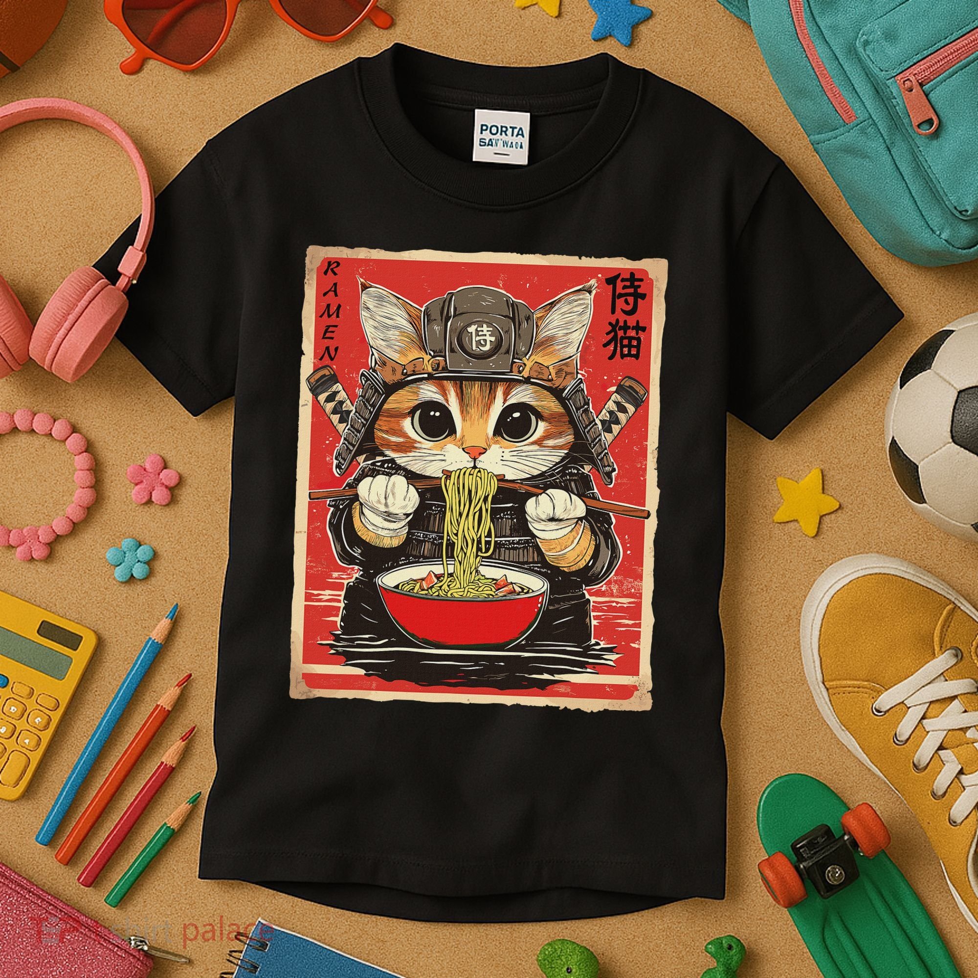 Japanese Samurai Ninja Cat Eating Ramen Kids T-Shirt