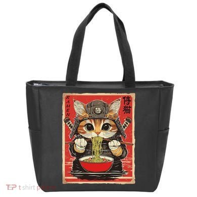 Japanese Samurai Ninja Cat Eating Ramen Tote Bag
