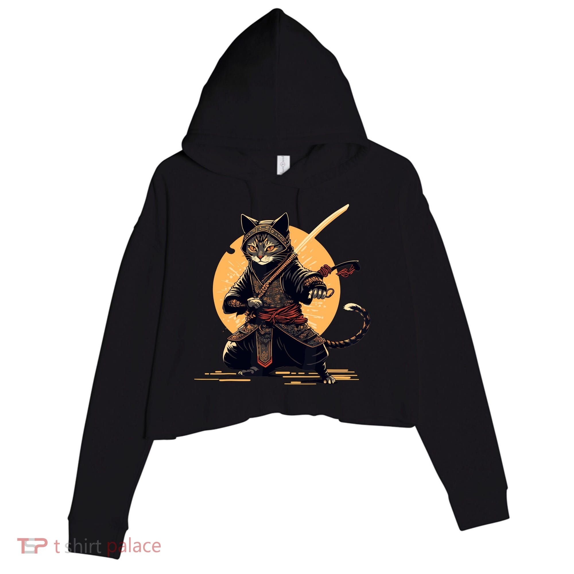 Japanese Samurai Ninja Cat Anime Kawaii Catzilla Cat Crop Fleece Hoodie