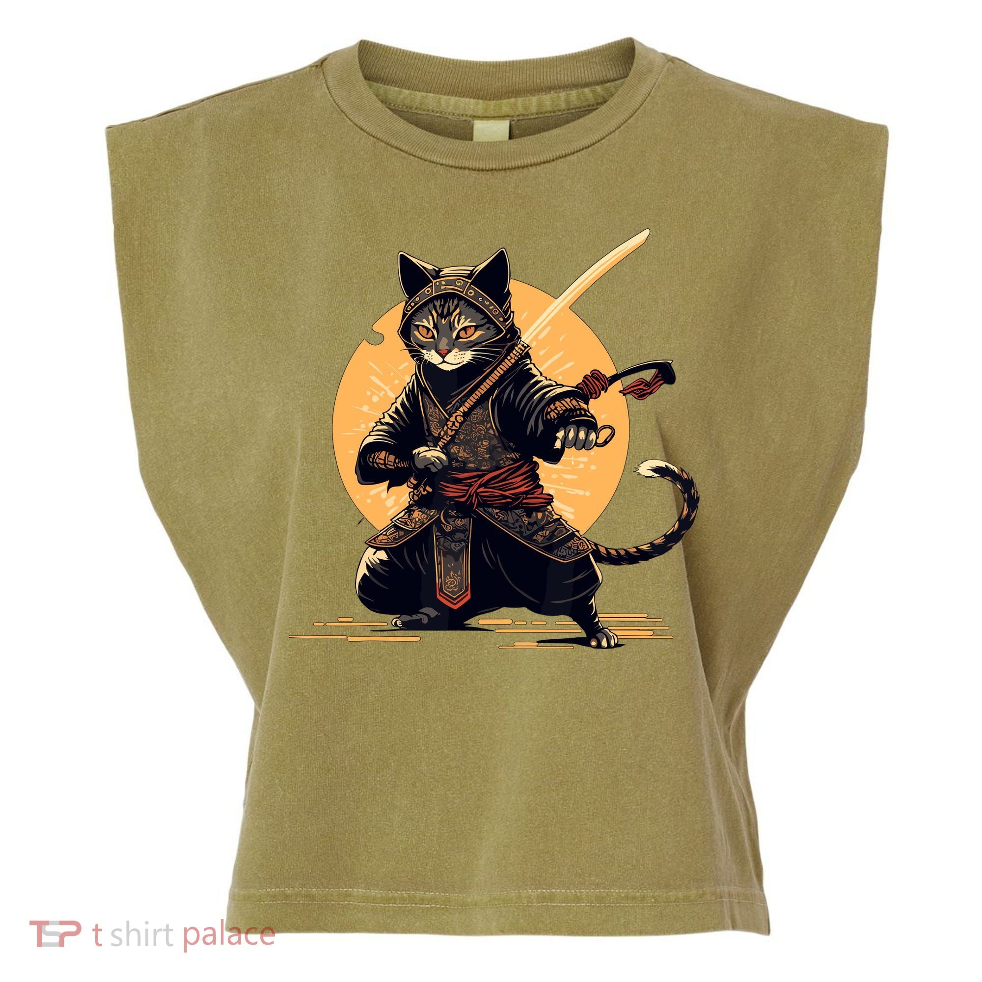 Japanese Samurai Ninja Cat Anime Kawaii Catzilla Cat Garment-Dyed Women's Muscle Tee