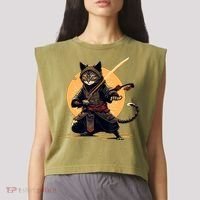 Japanese Samurai Ninja Cat Anime Kawaii Catzilla Cat Garment-Dyed Women's Muscle Tee thumb 2