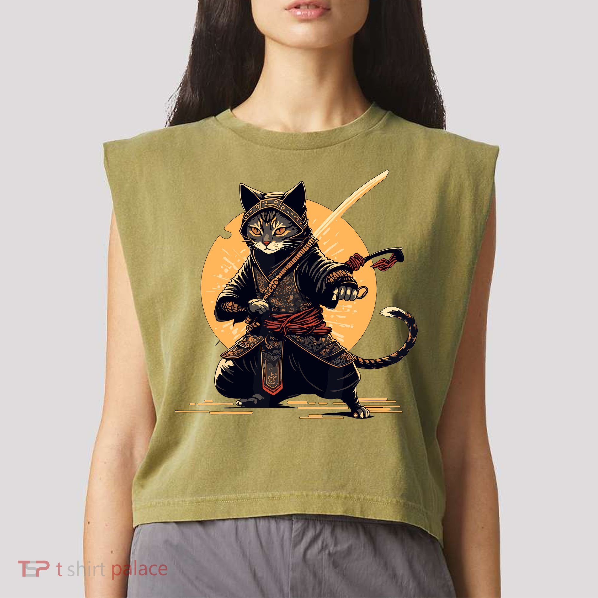 Japanese Samurai Ninja Cat Anime Kawaii Catzilla Cat Garment-Dyed Women's Muscle Tee