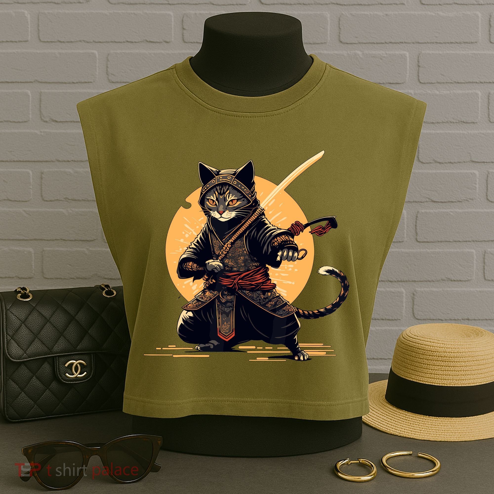 Japanese Samurai Ninja Cat Anime Kawaii Catzilla Cat Garment-Dyed Women's Muscle Tee