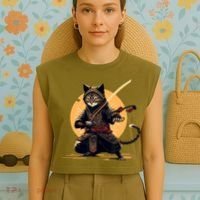 Japanese Samurai Ninja Cat Anime Kawaii Catzilla Cat Garment-Dyed Women's Muscle Tee thumb 4