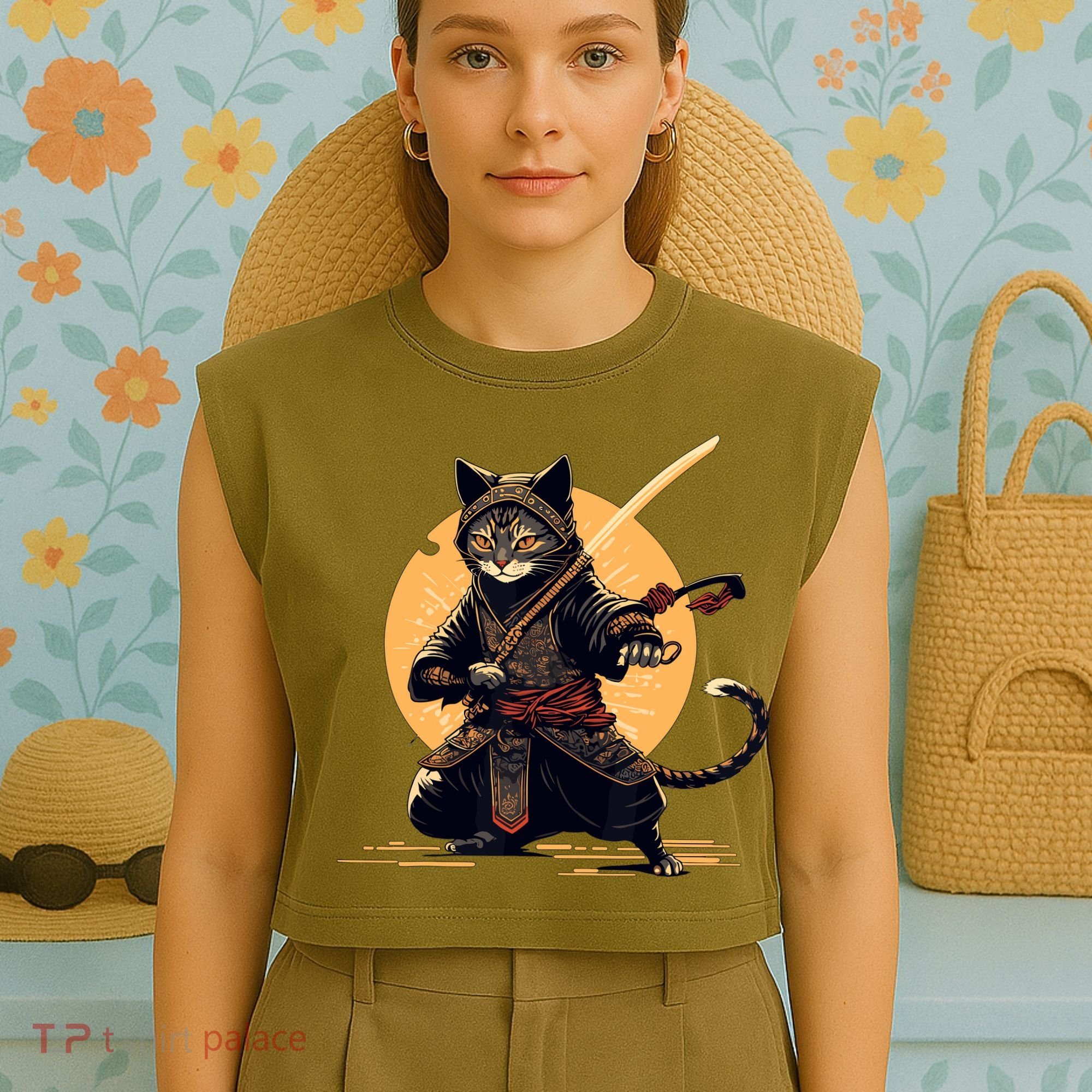 Japanese Samurai Ninja Cat Anime Kawaii Catzilla Cat Garment-Dyed Women's Muscle Tee