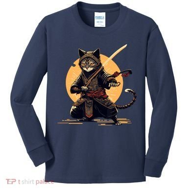 Japanese Samurai Ninja Cat Anime Kawaii Catzilla Cat Kids Long Sleeve Shirt