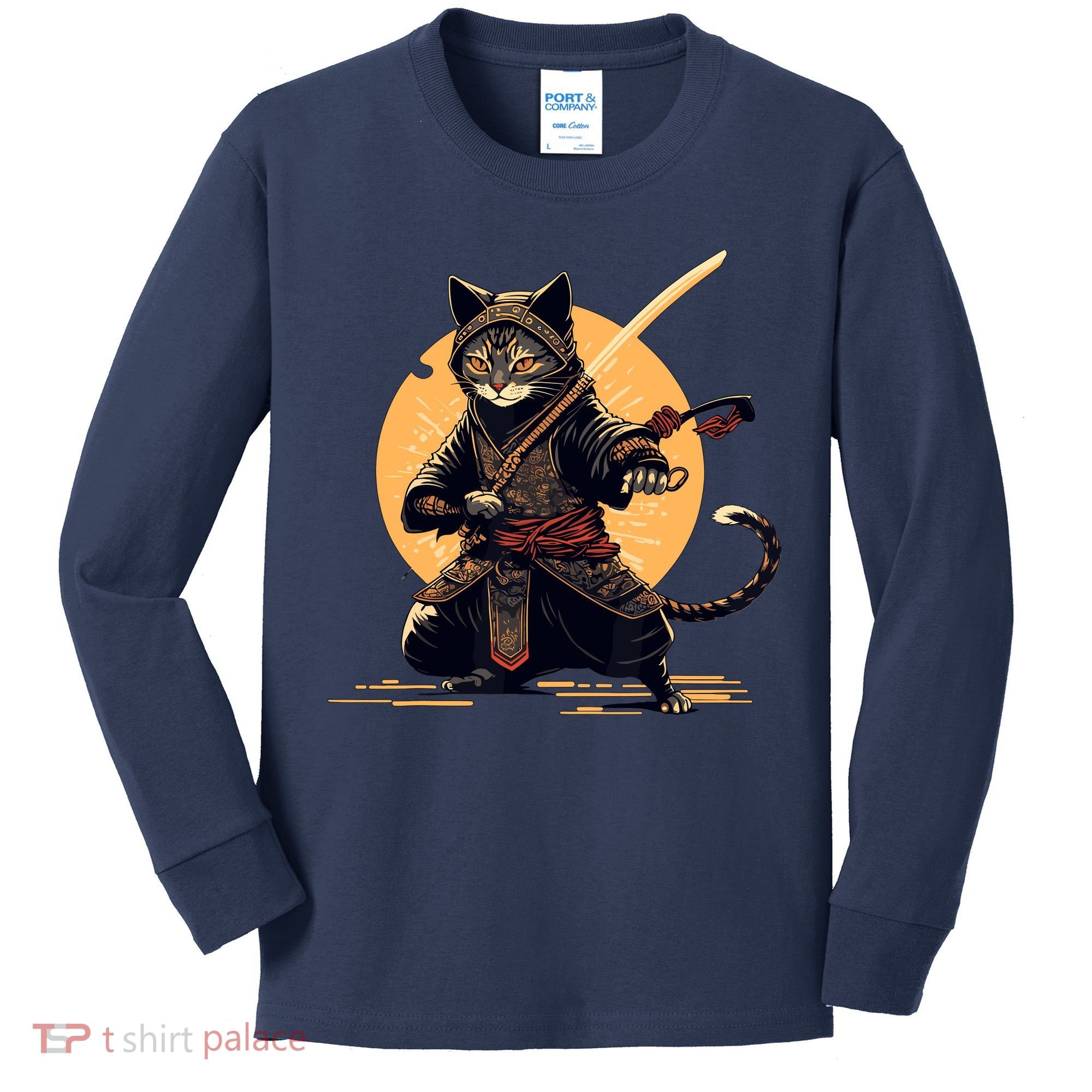 Japanese Samurai Ninja Cat Anime Kawaii Catzilla Cat Kids Long Sleeve Shirt
