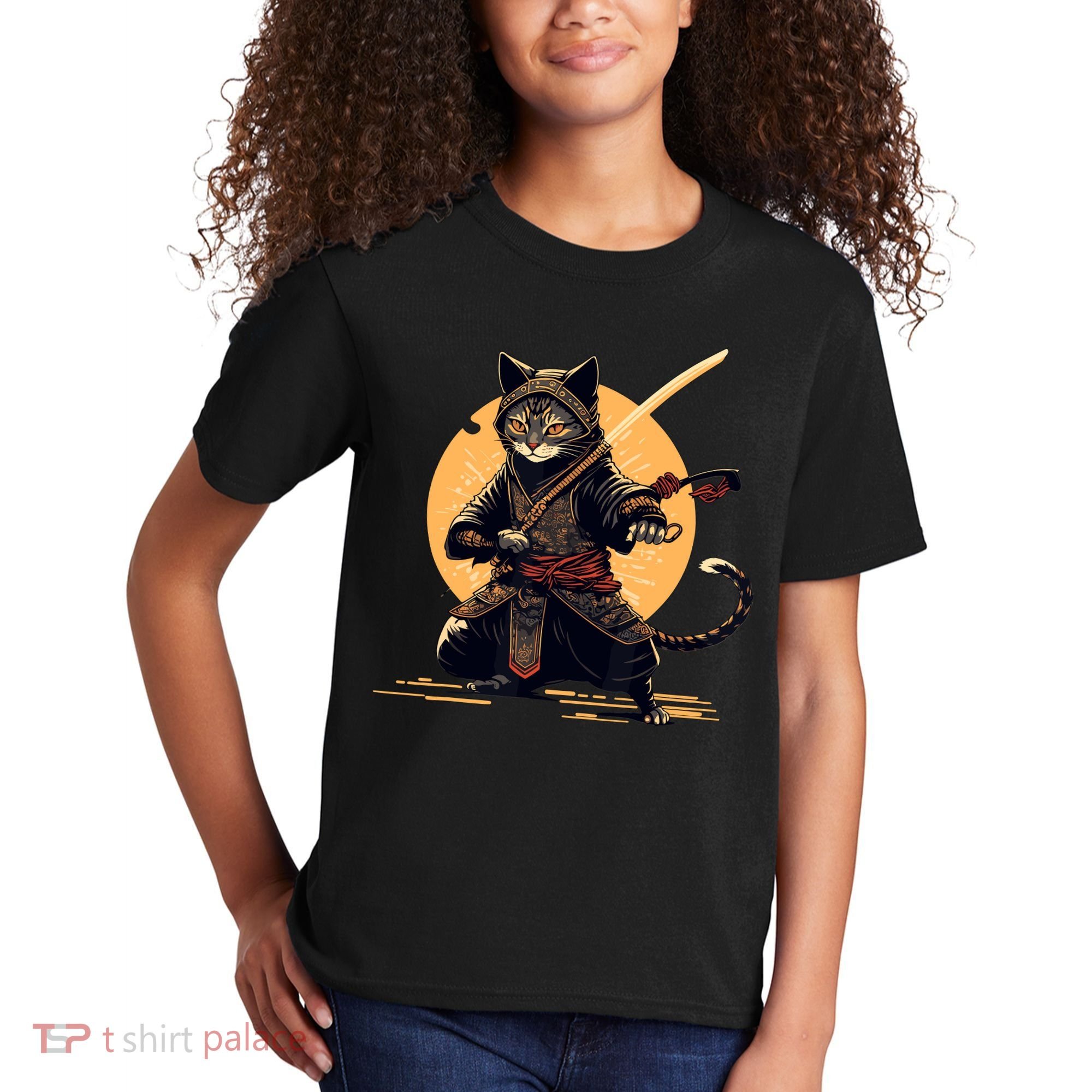 Japanese Samurai Ninja Cat Anime Kawaii Catzilla Cat Kids T-Shirt