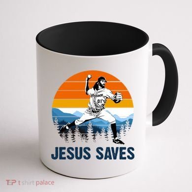 Jesus Saves Retro Baseball Pitcher Coffee Mug back