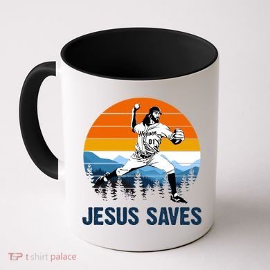Jesus Saves Retro Baseball Pitcher Coffee Mug