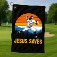 Jesus Saves Retro Baseball Pitcher Golf Towel thumb 1