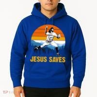 Jesus Saves Retro Baseball Pitcher Hoodie thumb 2