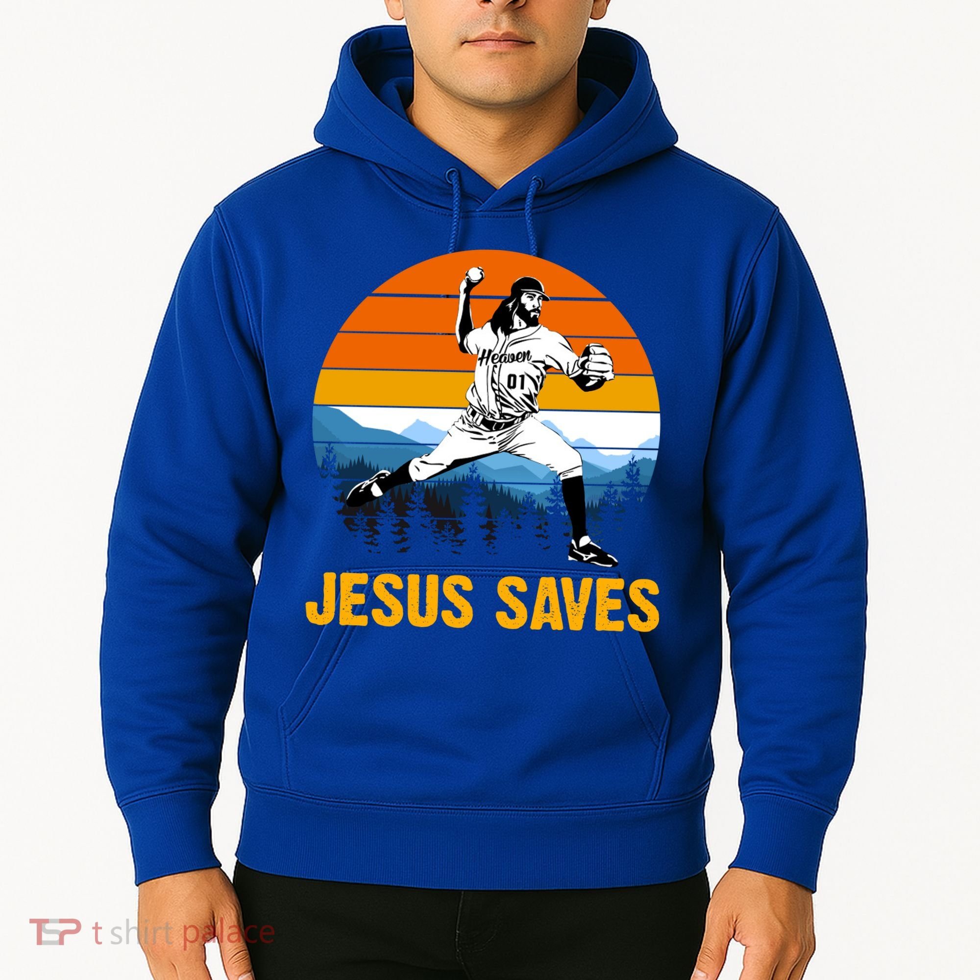 Jesus Saves Retro Baseball Pitcher Hoodie