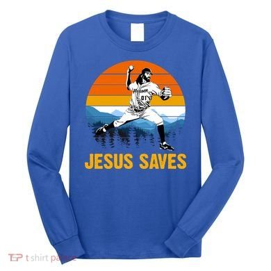Jesus Saves Retro Baseball Pitcher Long Sleeve Shirt