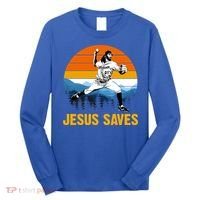 Jesus Saves Retro Baseball Pitcher Long Sleeve Shirt thumb 0
