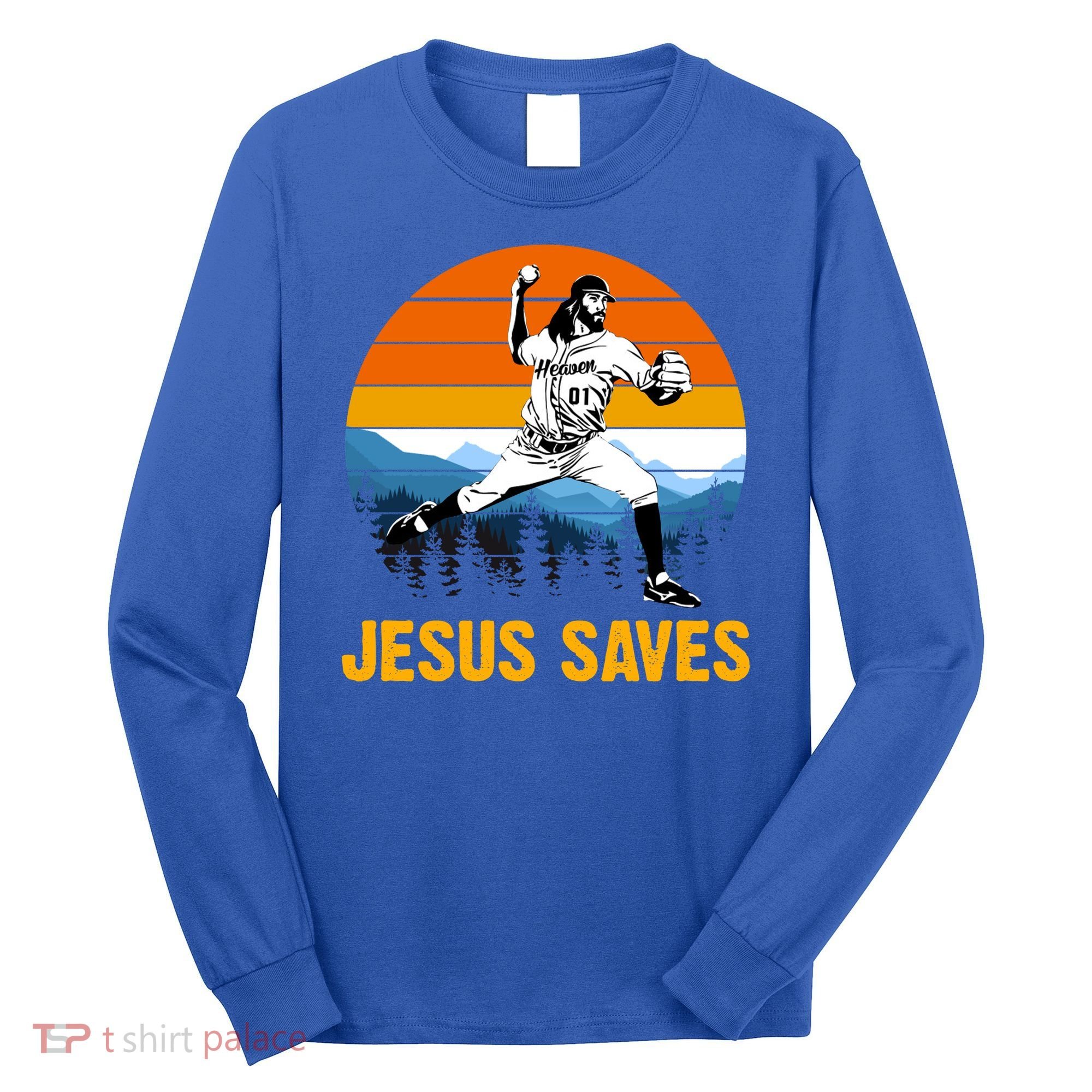 Jesus Saves Retro Baseball Pitcher Long Sleeve Shirt