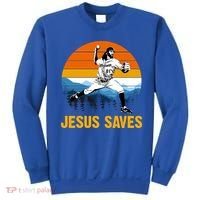 Jesus Saves Retro Baseball Pitcher Sweatshirt thumb 0