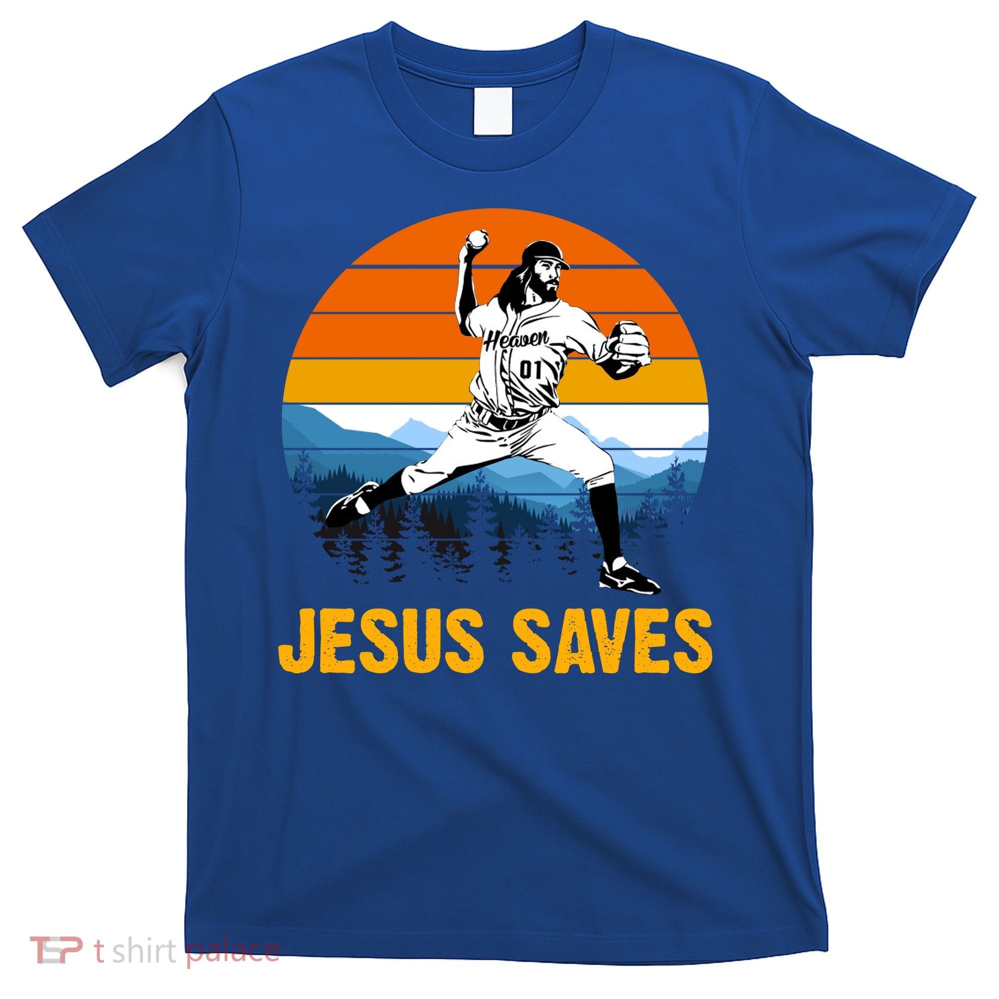 Jesus Saves Retro Baseball Pitcher T-Shirt