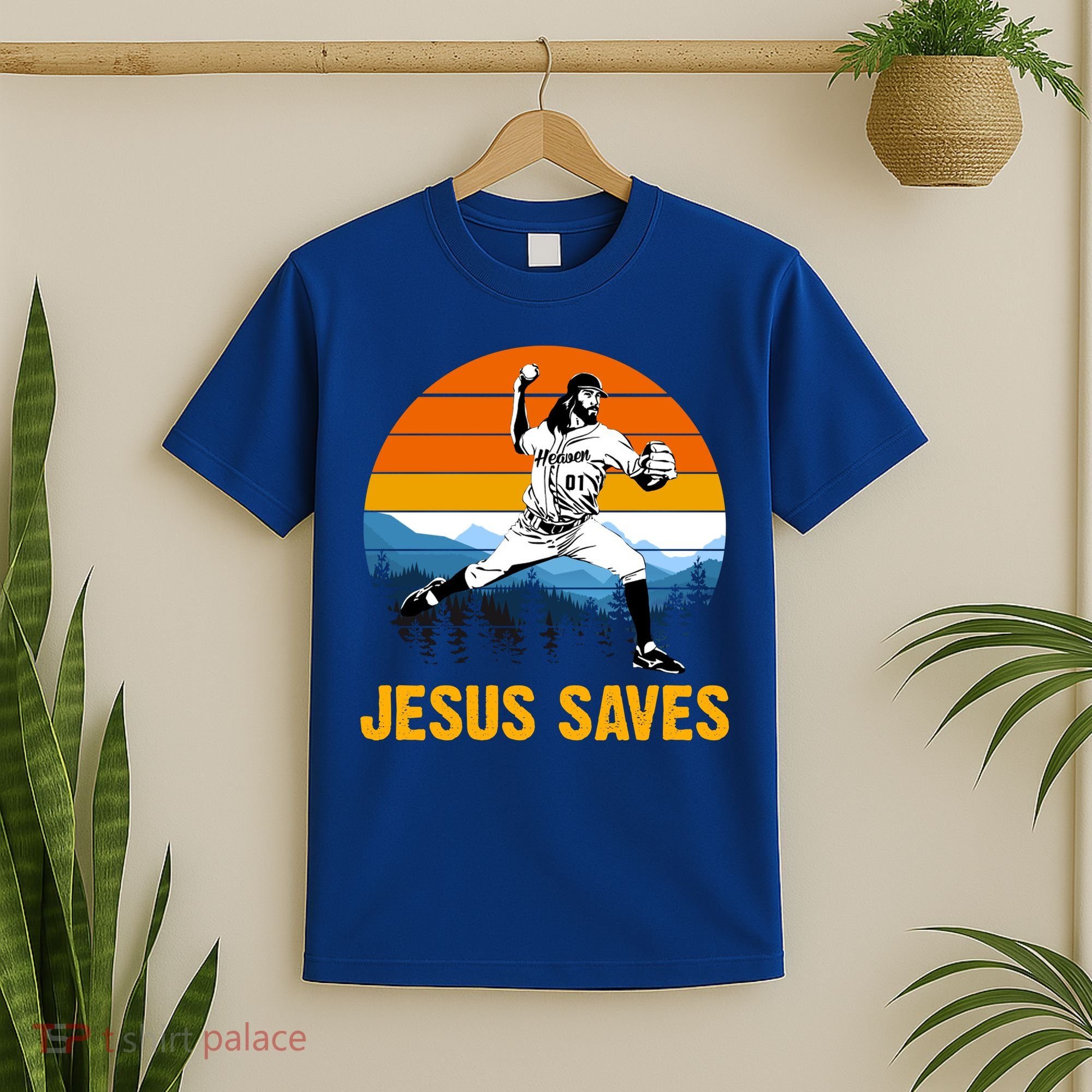 Jesus Saves Retro Baseball Pitcher T-Shirt