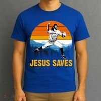 Jesus Saves Retro Baseball Pitcher T-Shirt thumb 3