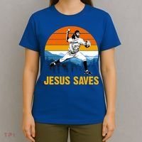 Jesus Saves Retro Baseball Pitcher T-Shirt thumb 4