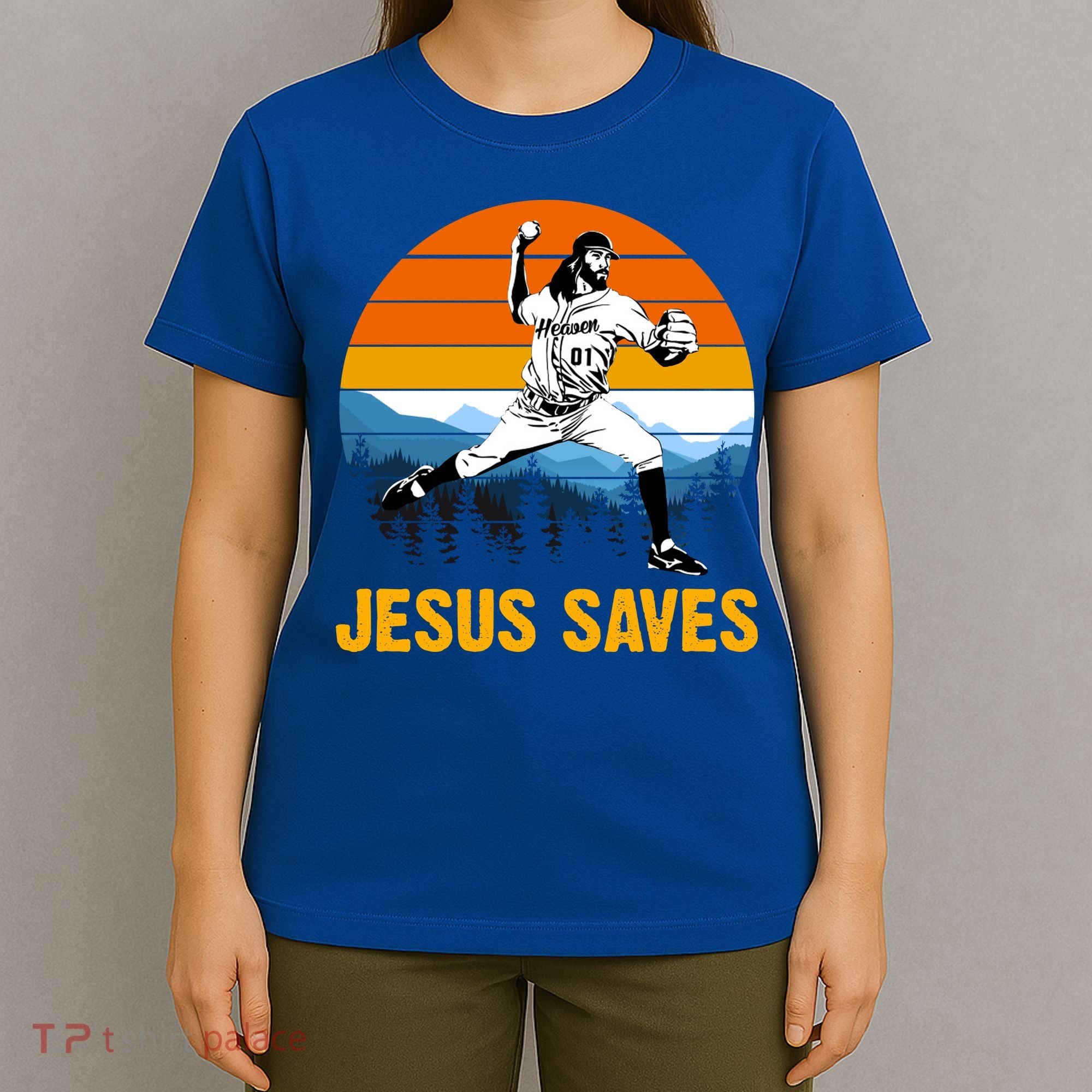 Jesus Saves Retro Baseball Pitcher T-Shirt