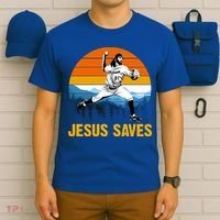 Jesus Saves Retro Baseball Pitcher T-Shirt thumb 6